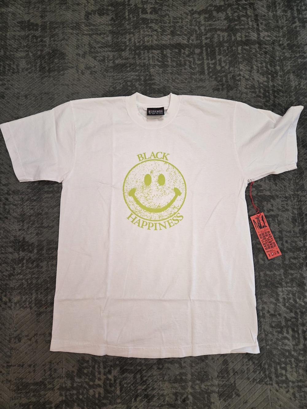 Black Happiness White Tee with Lime Smiley Graphic